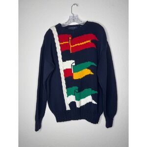 Thornton Bay Navy Blue Hand Knit Vintage  Nautical Flag Sweater Mens Size M 90s